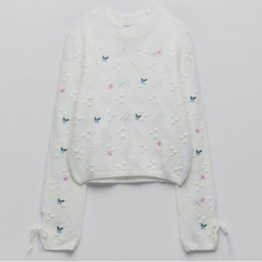 Zara White Sweater with Flowers!